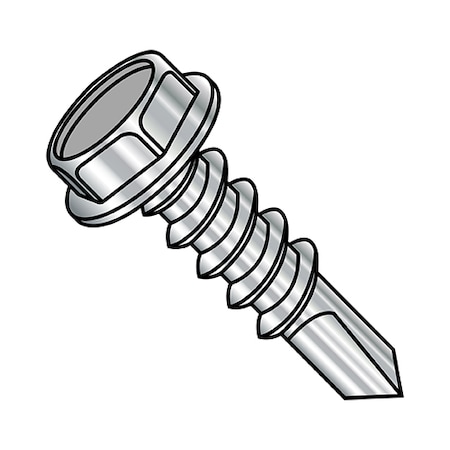 Zoro Select Self-Drilling Screw, #12-14 x 1 in, Plain Stainless Steel Flange Hex Head External Hex Drive 1216KW4410