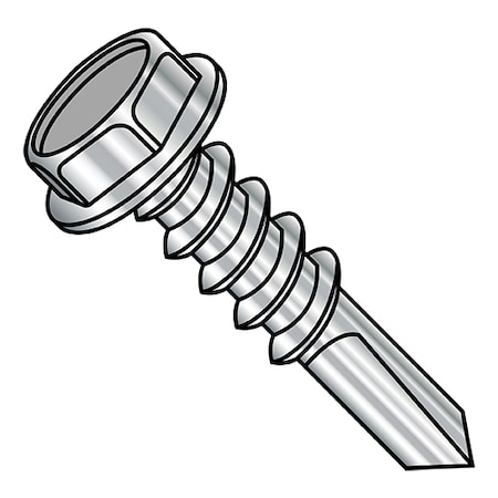 Zoro Select Self-Drilling Screw, 1/4"-14 x 2 in, Plain Stainless Steel Flange Hex Head External Hex Drive 1432KW5410