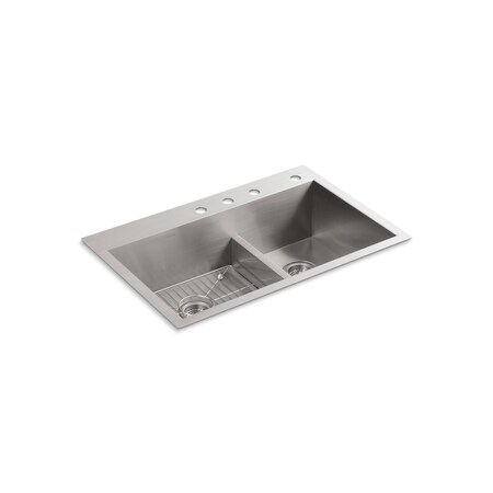 Kohler Vault 33" X 22" X 9-5/16" Smart Divi, Drop In, Undermount Mount, 4 Hole, Stainless 3839-4-NA