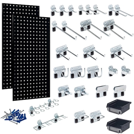 Triton Products (2) 18 In. W x 36 In. H Black Steel Square Hole Pegboards 30 pc. LocHook Assortment & Hanging Bin System LB18-BKKit