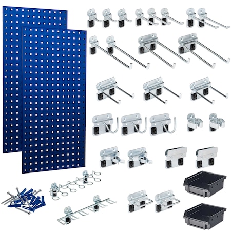 Triton Products (2) 18 In. W x 36 In. H Blue Steel Square Hole Pegboards 30 pc. LocHook Assortment & Hanging Bin System LB18-BKit