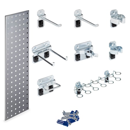 Triton Products Silver Tool Storage Kit with (1) 31.5 In. x 9 In. 18-Gauge Steel Square Hole Pegboard 8 pc. LocHook Assortment LBS31T-SLV