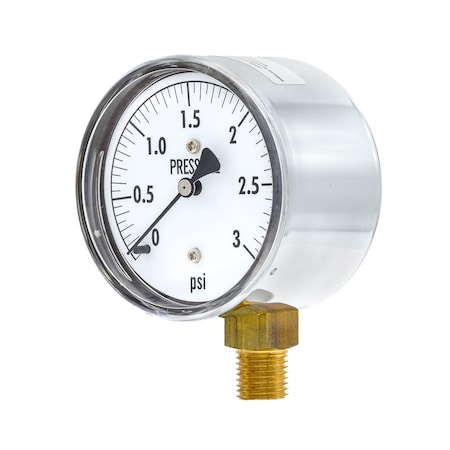 Pic Gauges Low Pressure Gauge, 2.5", 0-3psi, 1/4"LM, 2 1/2 in Dial, 1/4 in NPT Lower Location LP1-254-3PSI