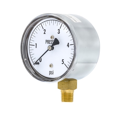 Pic Gauges Low Pressure Gauge, 2.5", 0-5psi, 1/4"LM, 2 1/2 in Dial, 1/4 in NPT Lower Location LP1-254-5PSI