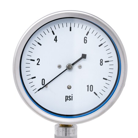 Pic Gauges 4 in Dial, 1/4 in NPT Lower Location, Stainless Steel Case Material LP1-SB-404-10PSI