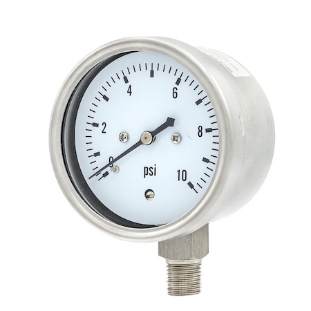 Pic Gauges Low Pressure Gauge, 2.5", 0-10psi, 1/4"LM, 2 1/2 in Dial, 1/4 in NPT Lower Location LP1-SS-254-10PSI