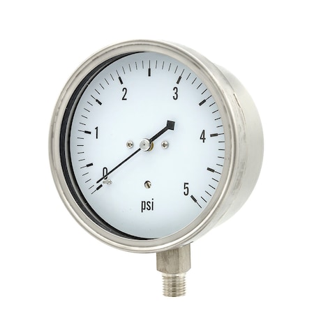 Pic Gauges 4 in Dial, 1/4 in NPT Lower Location, Stainless Steel Case Material LP1-SS-404-5PSI