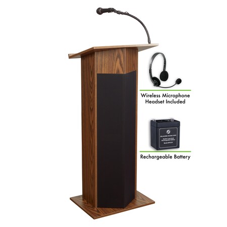 Oklahoma Sound OS Power Plus Lectern, Recharge Battery with Wireless Headset Mic, Oak M111PLS-MO/LWM-7