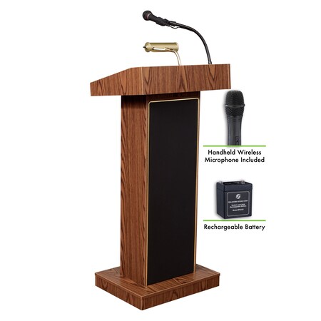 Oklahoma Sound OS Orator Lectern, Recharge Battery with Wireless Hand Mic, Oak M800X-MO/LWM-5