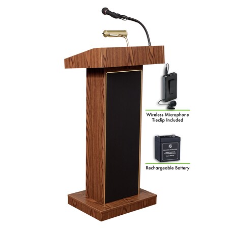 Oklahoma Sound OS Orator Lectern, Recharge Battery with Wireless Tie Clip Mic, Oak M800X-MO/LWM-6