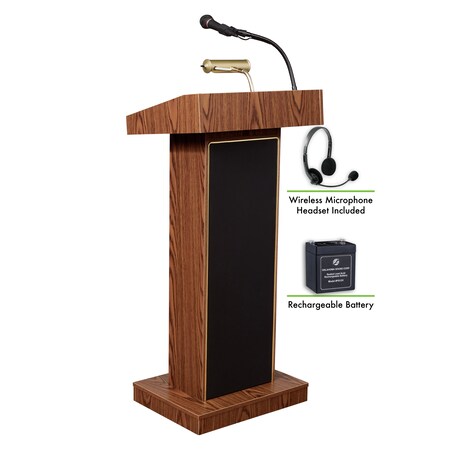 Oklahoma Sound OS Orator Lectern, Recharge Battery Wireless Headset Mic, Oak M800X-MO/LWM-7