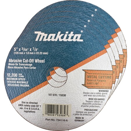 Makita Cut-off Wheel, 5" x 7/8" x 3/64", PK25 724116-A-25