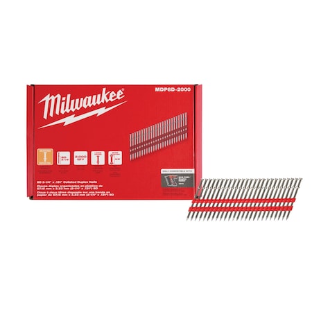 Milwaukee Tool Duplex Nails, 2 7/8 in L, 10 ga, Plain, Flat Head, 21 Degrees MDP8D-2000
