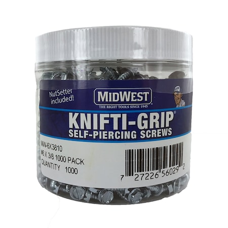 Midwest Self-Drilling Screw, #6 x 3/8 in, Zinc Plated Steel Flange Hex Head External Hex Drive MW-6X3810