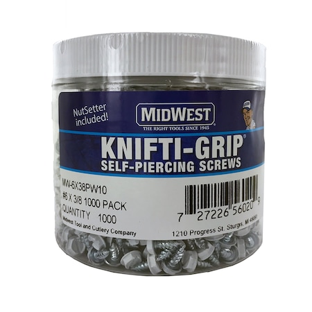 Midwest Self-Drilling Screw, #6 x 3/8 in, Zinc Plated Steel Flange Hex Head External Hex Drive MW-6X38PW10