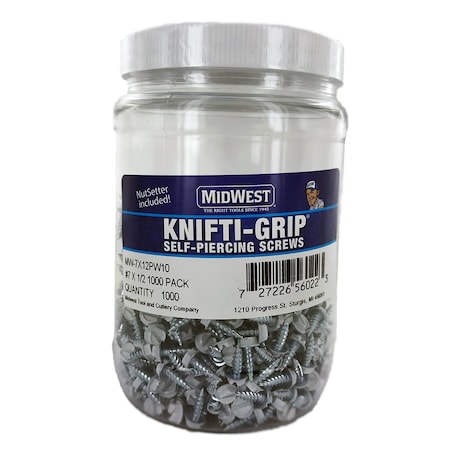 Midwest Self-Drilling Screw, #7 x 1/2 in, Zinc Plated Steel Flange Hex Head External Hex Drive MW-7X12PW10