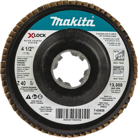 Makita X-LOCK 4 1/2" Type 27 Flap Disc, 40 Grit T-03925