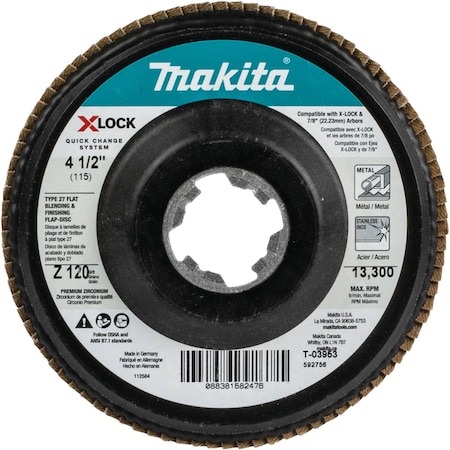 Makita X-LOCK 4 1/2" Type 27 Flap Disc, 120 Gri T-03953