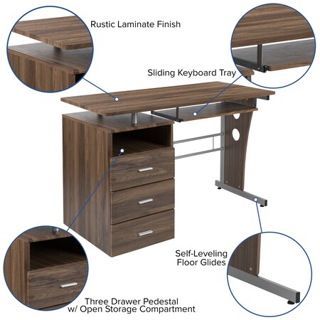 Flash Furniture Nan Wk 008 Ru Gg 189 84 Walnut 3 Drawer Pedestal Desk Zoro Com Flash Furniture Nan Wk 008 Ru Gg 189, Flash Furniture Computer Desk With 3 Drawer Pedestal