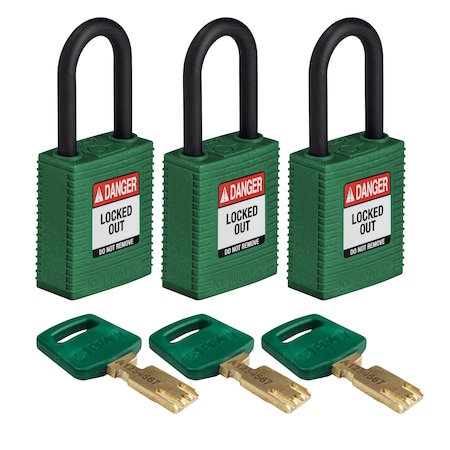 Brady Safekey Lockout Padlock Nylon Green 1.5" Pl, Keyed Alike, Nylon, Green, 1-1/2 in Shackle Height NYL-GRN-38PL-KA3PK