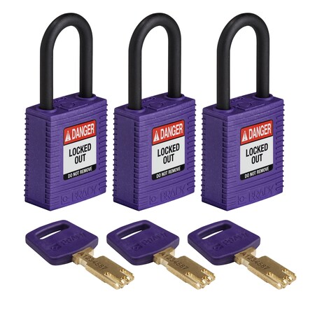 Brady Safekey Lockout Padlock Nylon Purple 1.5" P, Keyed Alike, Nylon, Purple, 1-1/2 in Shackle Height NYL-PRP-38PL-KA3PK
