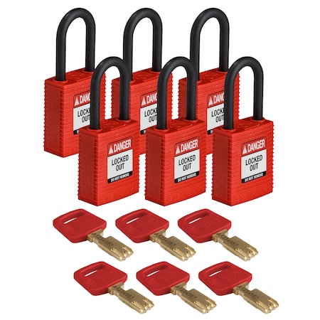Brady Safekey Lockout Padlock Nylon Red 1.5" Plas, Keyed Alike, Nylon, Red, 1-1/2 in Shackle Height NYL-RED-38PL-KA6PK