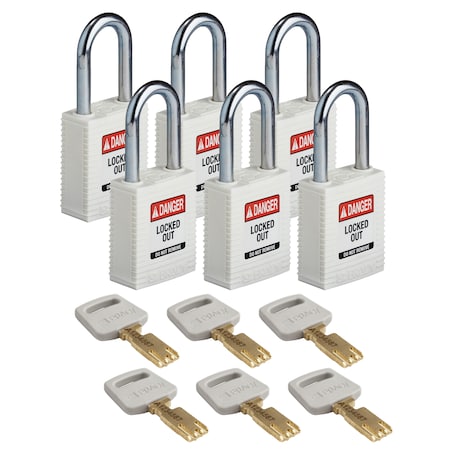 Brady Safekey Lockout Padlock Nylon White 1.5" St, Keyed Different, Nylon, White, 1-1/2 in Shackle Height NYL-WHT-38ST-KD6PK