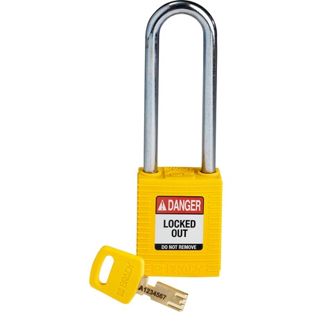 Brady Safekey Lockout Padlock Nylon Yellow 3.0" Steel, Keyed Different, Nylon, Yellow, 3 in Shackle Height NYL-YLW-76ST-KD