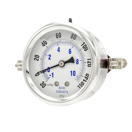 Pic Gauges Gauge, 2.5"30/0/150psi, 1/4"CBM, LF, U-Clamp, 2 1/2 in Dial, 1/4 in NPT Male Center Back Location PRO-203L-254CF