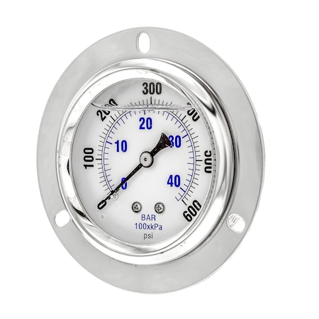 Pic Gauges Gauge, 2.5", 0/600psi, 1/4"CBM, Frt Flange, 2 1/2 in Dial, 1/4 in NPT Male Center Back Location PRO-204L-254K