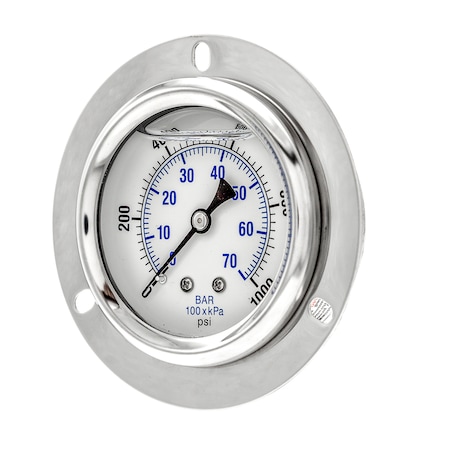Pic Gauges Gauge, 2.5", 0/1000psi, 1/4"CBM, Frt Flange, 2 1/2 in Dial, 1/4 in NPT Male Center Back Location PRO-204L-254M