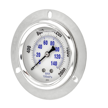 Pic Gauges Gauge, 2.5", 0/2000psi, 1/4"CBM, Frt Flange, 2 1/2 in Dial, 1/4 in NPT Male Center Back Location PRO-204L-254O