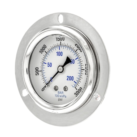 Pic Gauges Gauge, 2.5", 0/3000psi, 1/4"CBM, Frt Flange, 2 1/2 in Dial, 1/4 in NPT Male Center Back Location PRO-204L-254P