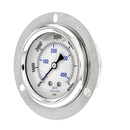 Pic Gauges Gauge, 2.5", 0/6000psi, 1/4"CBM, Frt Flange, 2 1/2 in Dial, 1/4 in NPT Male Center Back Location PRO-204L-254S