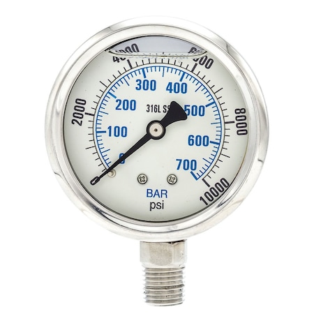 PIC GAUGES Pressure Gauge, 0 to 10,000 psi, 1/4 in MNPT, Stainless Steel, Silver PRO-301L-254U-01