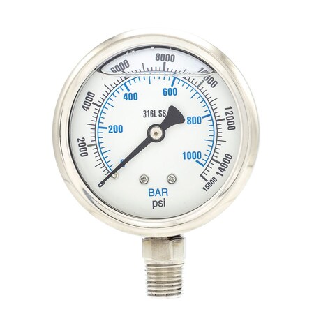 Pic Gauges Industrial Pressure Gauge, 0 to 15,000 psi, 2 1/2 in Dial, 1/4 in NPT, Bottom Location PRO-301L-254V-01