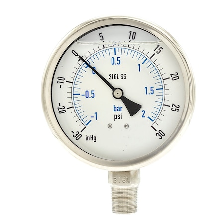 PIC GAUGES Compound Gauge, -30 to 0 to 30 in Hg/psi, 1/2 in MNPT, Stainless Steel, Silver PRO-301L-402CC-01