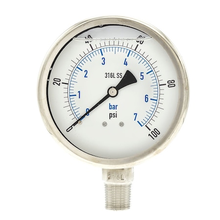 Pic Gauges Industrial Pressure Gauge, 0 to 100 psi, 4 in Dial, 1/2 in NPT, Bottom Location PRO-301L-402E-01