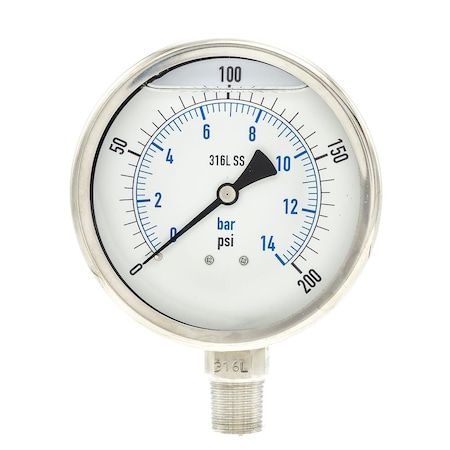 Pic Gauges Industrial Pressure Gauge, 0 to 200 psi, 4 in Dial, 1/2 in NPT, Bottom Location PRO-301L-402G-01