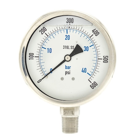 Pic Gauges Industrial Pressure Gauge, 0 to 600 psi, 4 in Dial, 1/2 in NPT, Bottom Location PRO-301L-402K-01