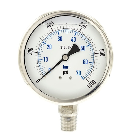 Pic Gauges Industrial Pressure Gauge, 0 to 1,000 psi, 4 in Dial, 1/2 in NPT, Bottom Location PRO-301L-402M-01