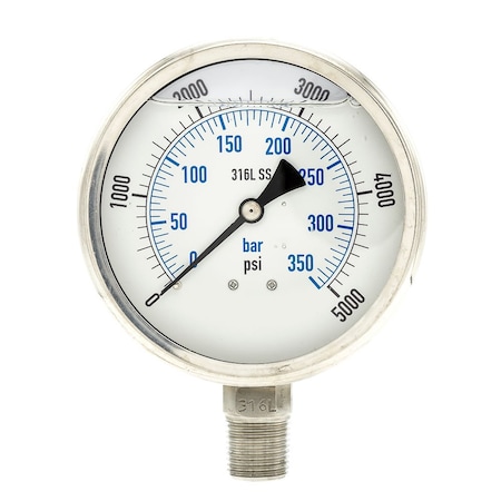 Pic Gauges Industrial Pressure Gauge, 0 to 5,000 psi, 4 in Dial, 1/2 in NPT, Bottom Location PRO-301L-402R-01