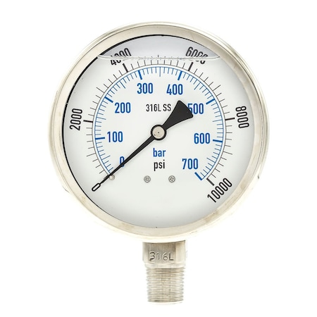 Pic Gauges Industrial Pressure Gauge, 0 to 10,000 psi, 4 in Dial, 1/2 in NPT, Bottom Location PRO-301L-402U-01