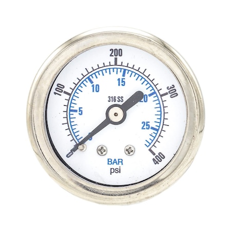 Pic Gauges Industrial Pressure Gauge, 0 to 400 psi, 1 1/2 in Dial, 1/8 in NPT, Center Back Location PRO-302D-158I-01