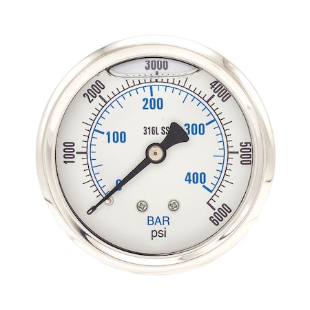 Pic Gauges Industrial Pressure Gauge, 0 to 6,000 psi, 2 1/2 in Dial, 1/4 in NPT, Center Back Location PRO-302L-254S-01