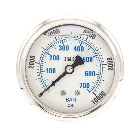 Pic Gauges Industrial Pressure Gauge, 0 to 10,000 psi, 2 1/2 in Dial, 1/4 in NPT, Center Back Location PRO-302L-254U-01