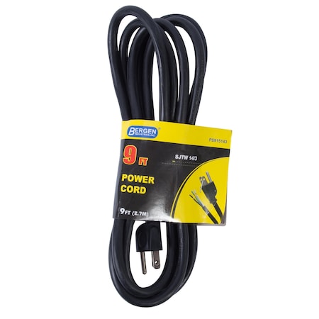 BERGEN INDUSTRIES Power Cord, 3-Wire, 15A, 9 ft, SJTW, 14/3 PS915143