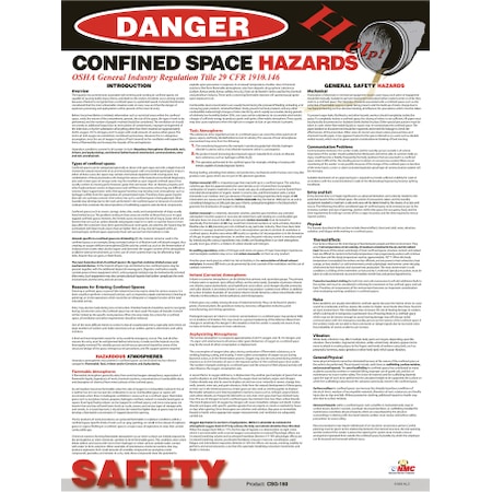 Nmc CONFINED SPACE HAZARDS, Laminated Paper, 24 in x 18 in PST007