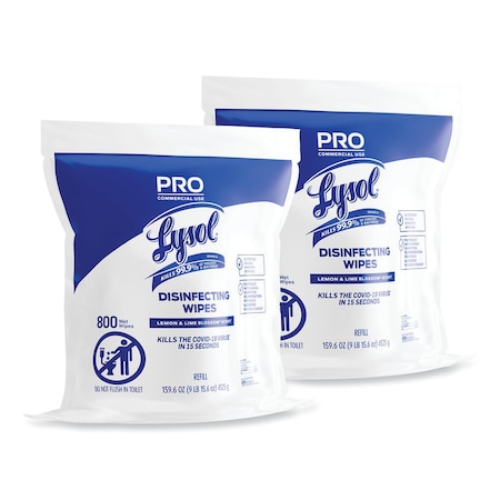 Lysol Professional Disinfecting Wipe Bucket Refill, 1-Ply, 6 x 8, Lemon and Lime Blossom, White, 800 Wipes, PK2 19200-99857