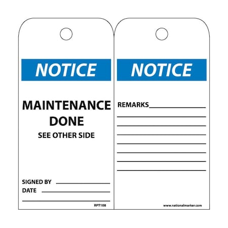 Nmc Notice Maintenance Done See Other Side Tag, Pk25 RPT108